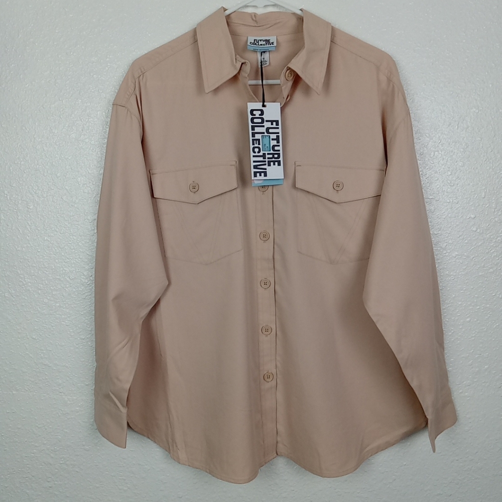 Future Collective Shirt Tan Button Up L/S Career Workwear Size Medium NWT
